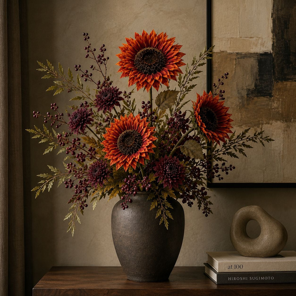 Rust Sunflower Spray, 32-Inch Artificial 3-Bloom Fall Stem