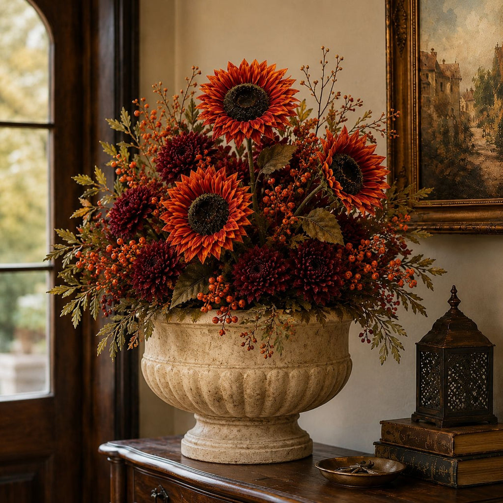 Rust Sunflower Spray, 32-Inch Artificial 3-Bloom Fall Stem