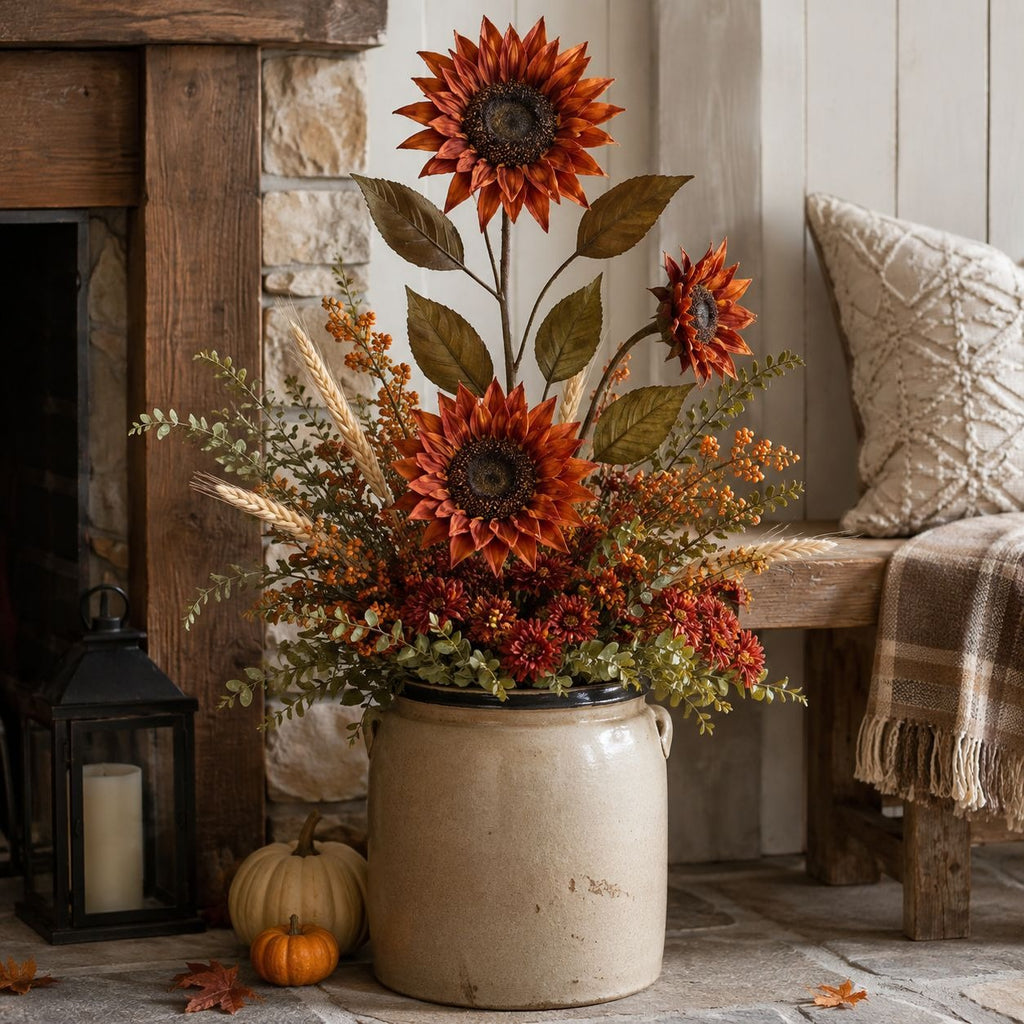 Rust Sunflower Spray, 32-Inch Artificial 3-Bloom Fall Stem
