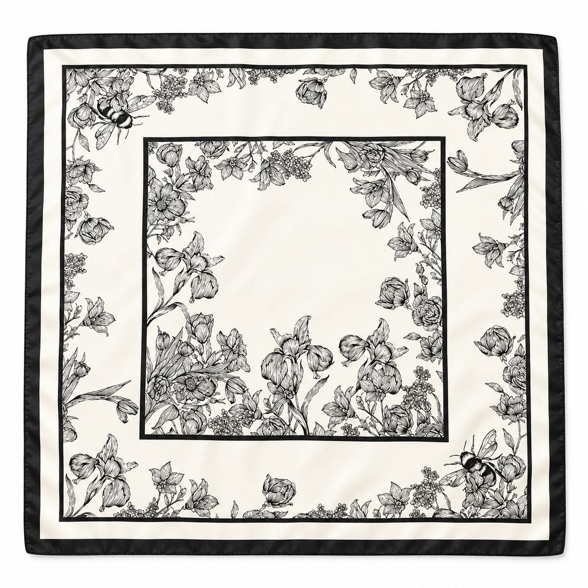 Off White Black Floral Honey Bee Satin Square Scarf 26x26 Polyester Neck Hair