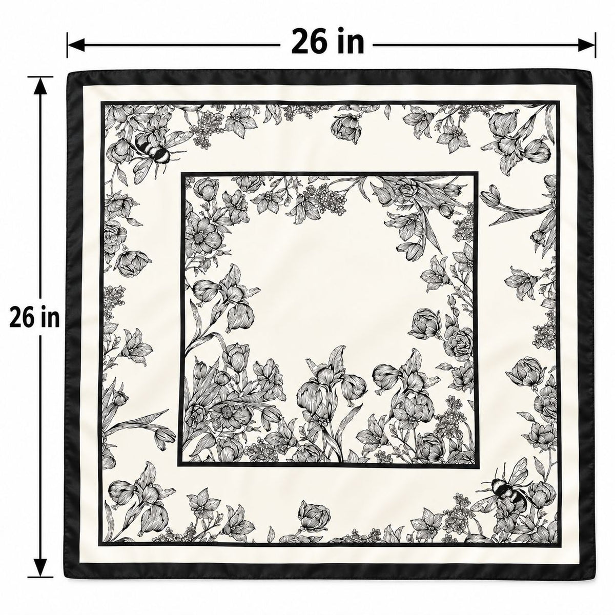 A square floral scarf or fabric panel shown flat on a white background, with dimension labels indicating 26 in by 26 in. The design has a black border, black floral and insect line art on an off-white field, and a smaller black inner square border.