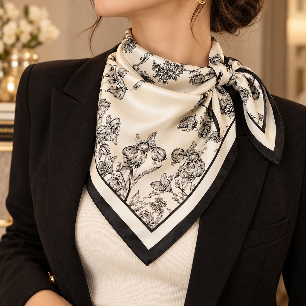 A close-up of a woman wearing a black blazer and white ribbed top, styled with a cream satin neck scarf featuring a black floral line-art pattern and black borders.
