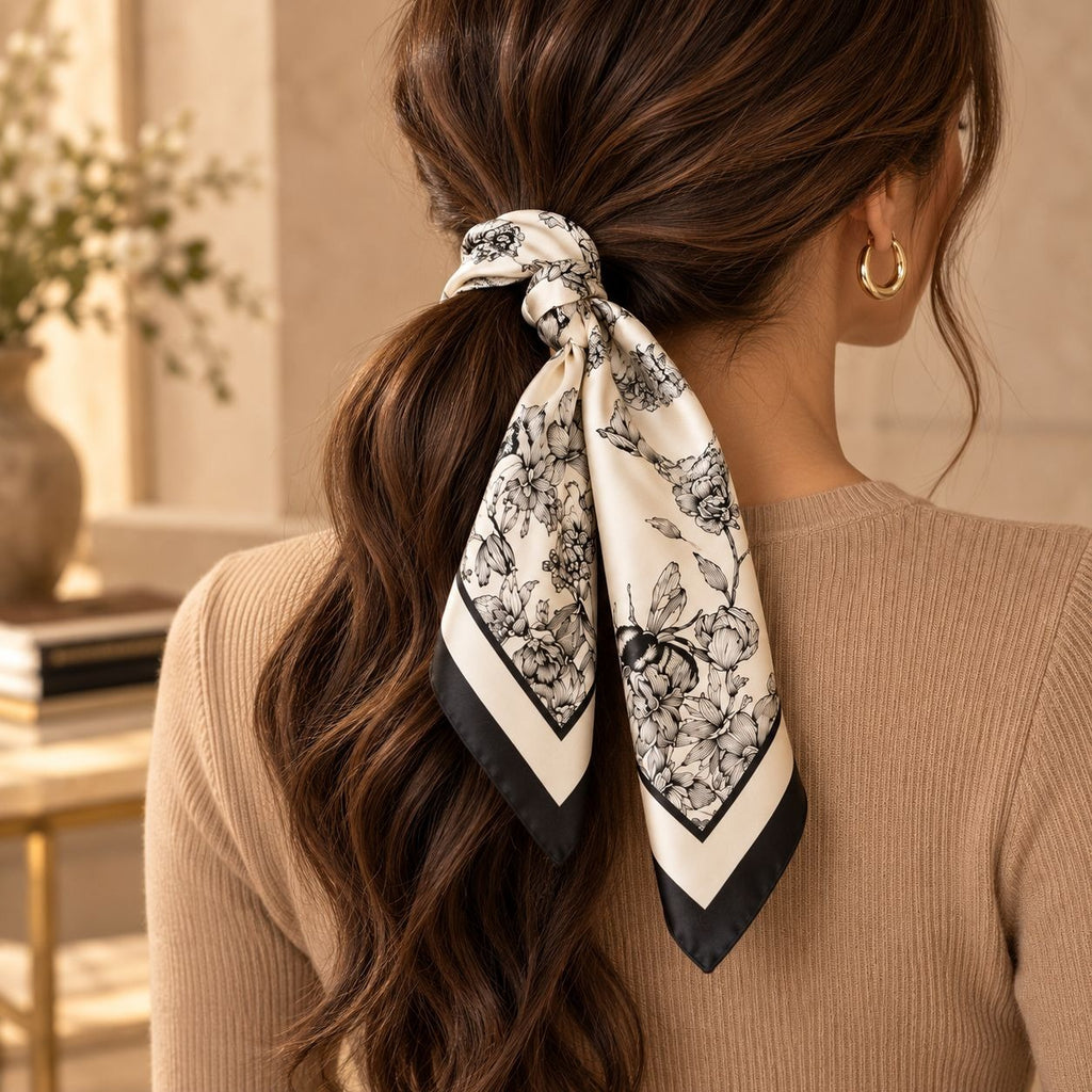 A woman shown from the back wearing a black and white floral patterned square scarf tied in her brown hair, paired with a beige ribbed sweater and gold hoop earrings.
