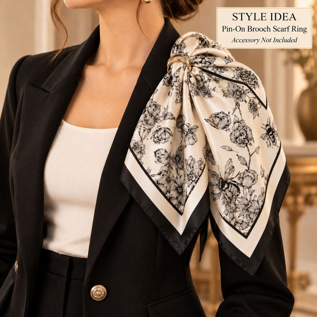 A woman wearing a black blazer and white top, styled with a large cream scarf tied around her shoulder. The scarf has a black floral and bee pattern with satin edges.