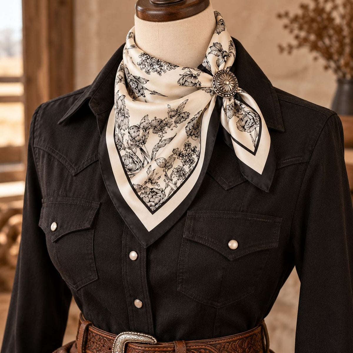A cream bandana scarf with a black floral and paisley print, styled on a mannequin wearing a black western shirt and brown leather belt.
