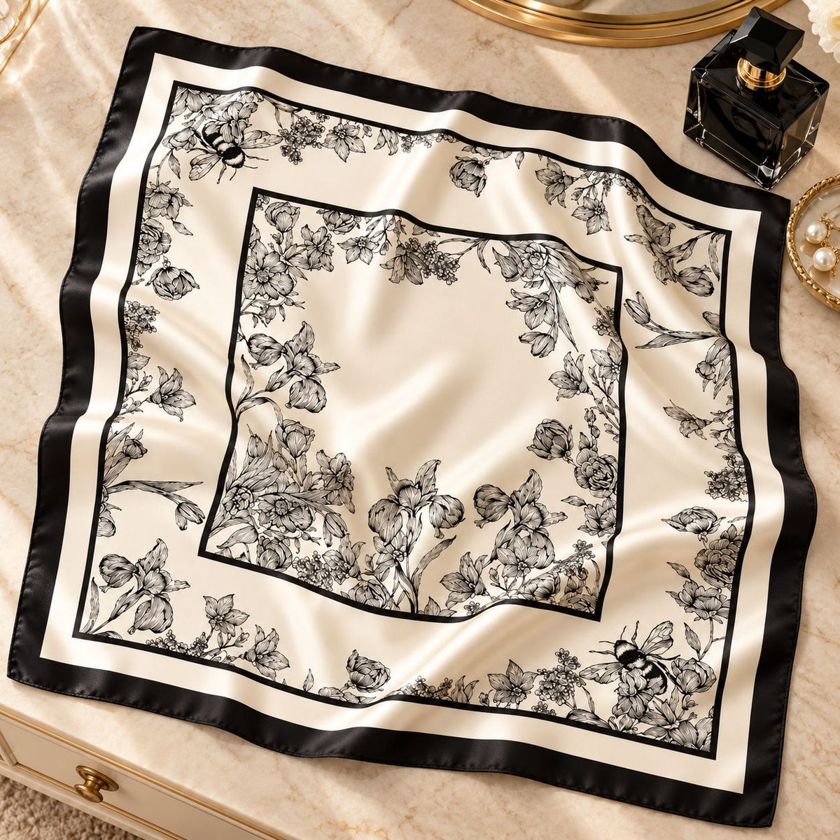 A square satin scarf with a black floral and bee pattern on an ivory background, styled on a marble surface next to a perfume bottle.