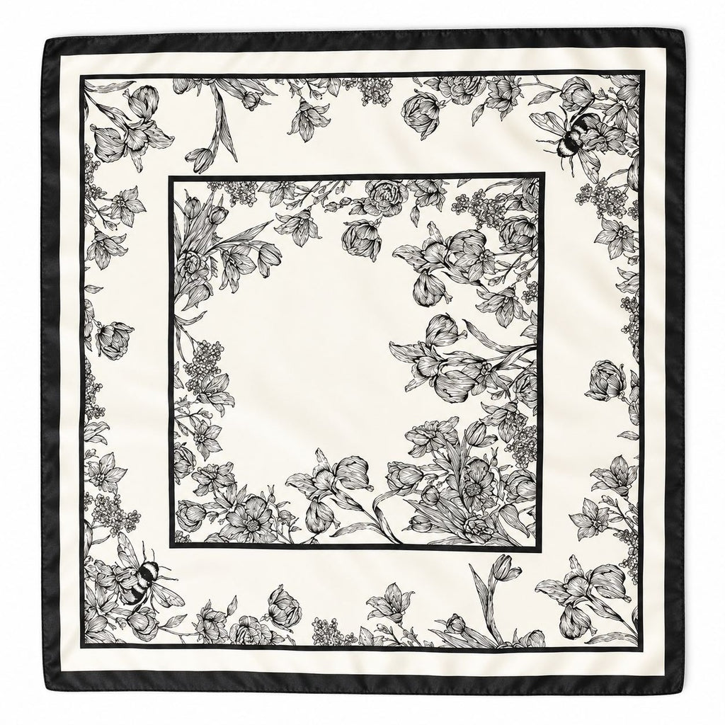 A square scarf with a black and white floral border pattern, featuring detailed line drawings of flowers, leaves, and bees, with a solid black outer border.