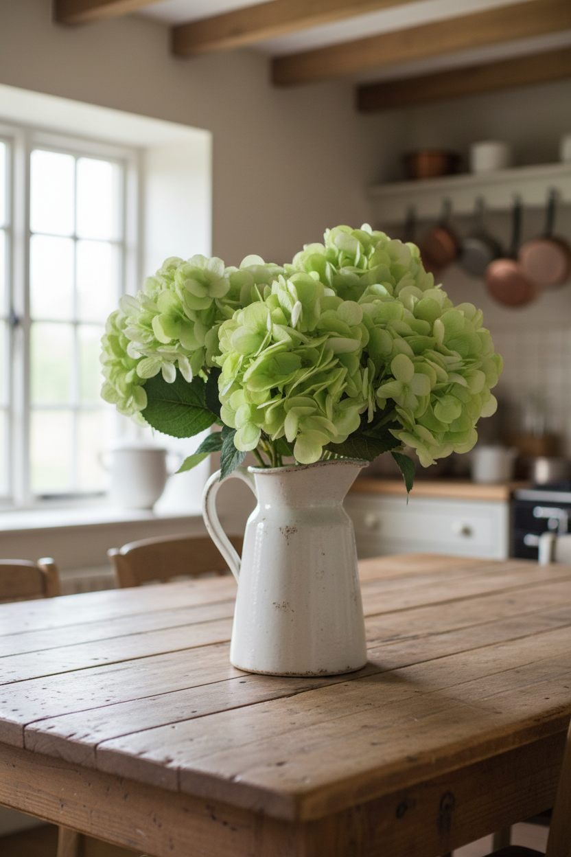 Light green hydrangea stems in rustic white ceramic pitcher on farmhouse kitchen table with natural window light