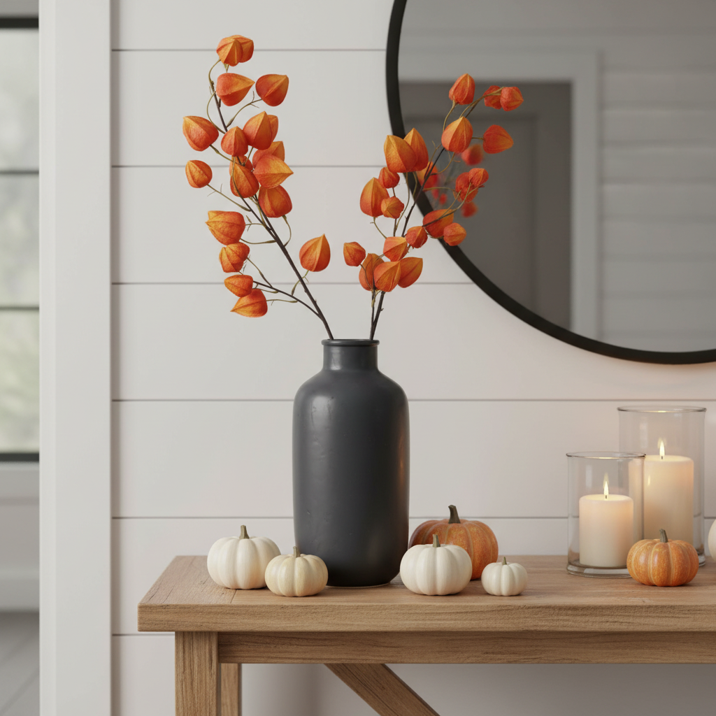 Two artificial orange Chinese lantern flower stems in dark ceramic vase on farmhouse entryway console table with pumpkins and candles