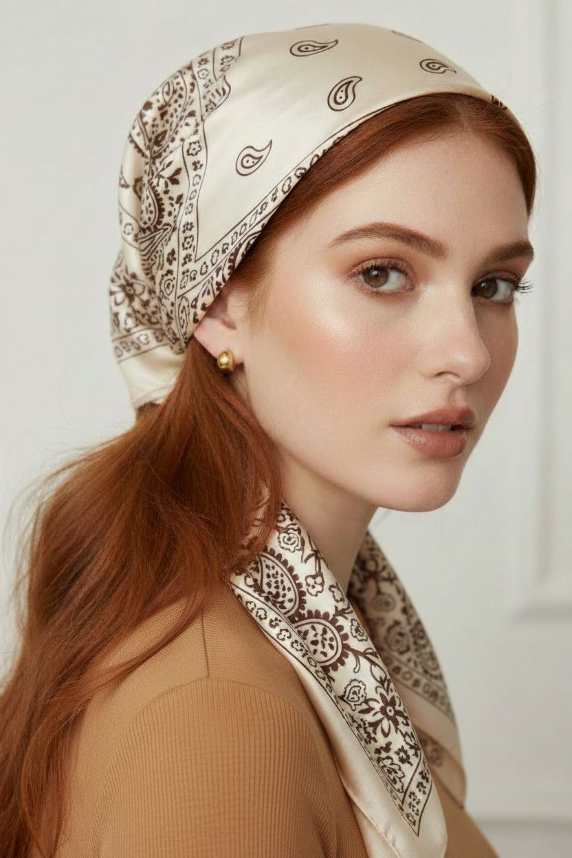 Woman with red hair wearing cream and brown paisley square scarf as head wrap with camel top on white background