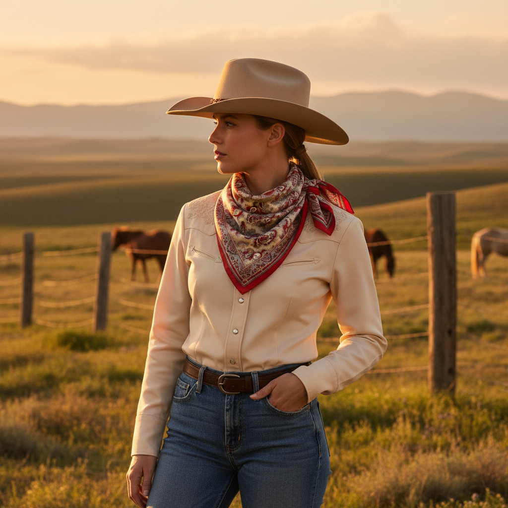 Woman wearing red paisley satin wild rag scarf tied around neck cowgirl western outfit ranch lifestyle golden hour