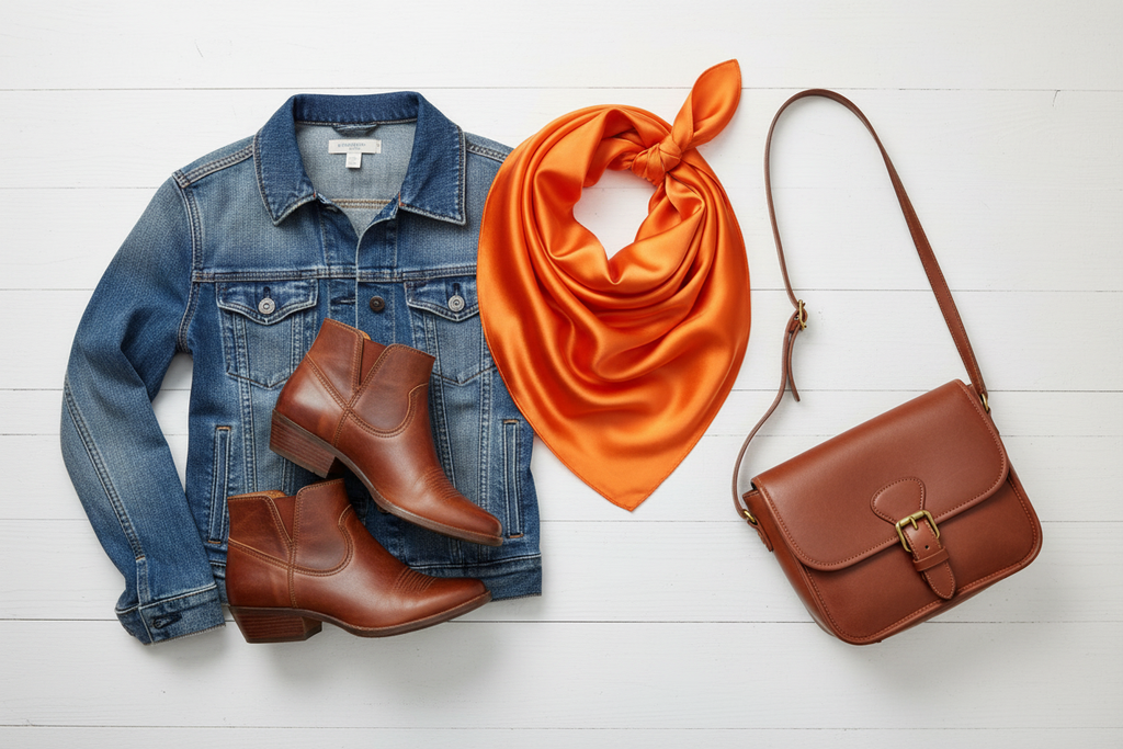 Orange wild rag with denim jacket, brown leather boots, and crossbody purse, modern western styling