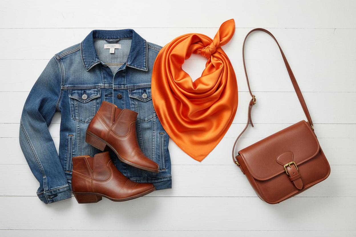 Orange wild rag with denim jacket, brown leather boots, and crossbody purse, modern western styling