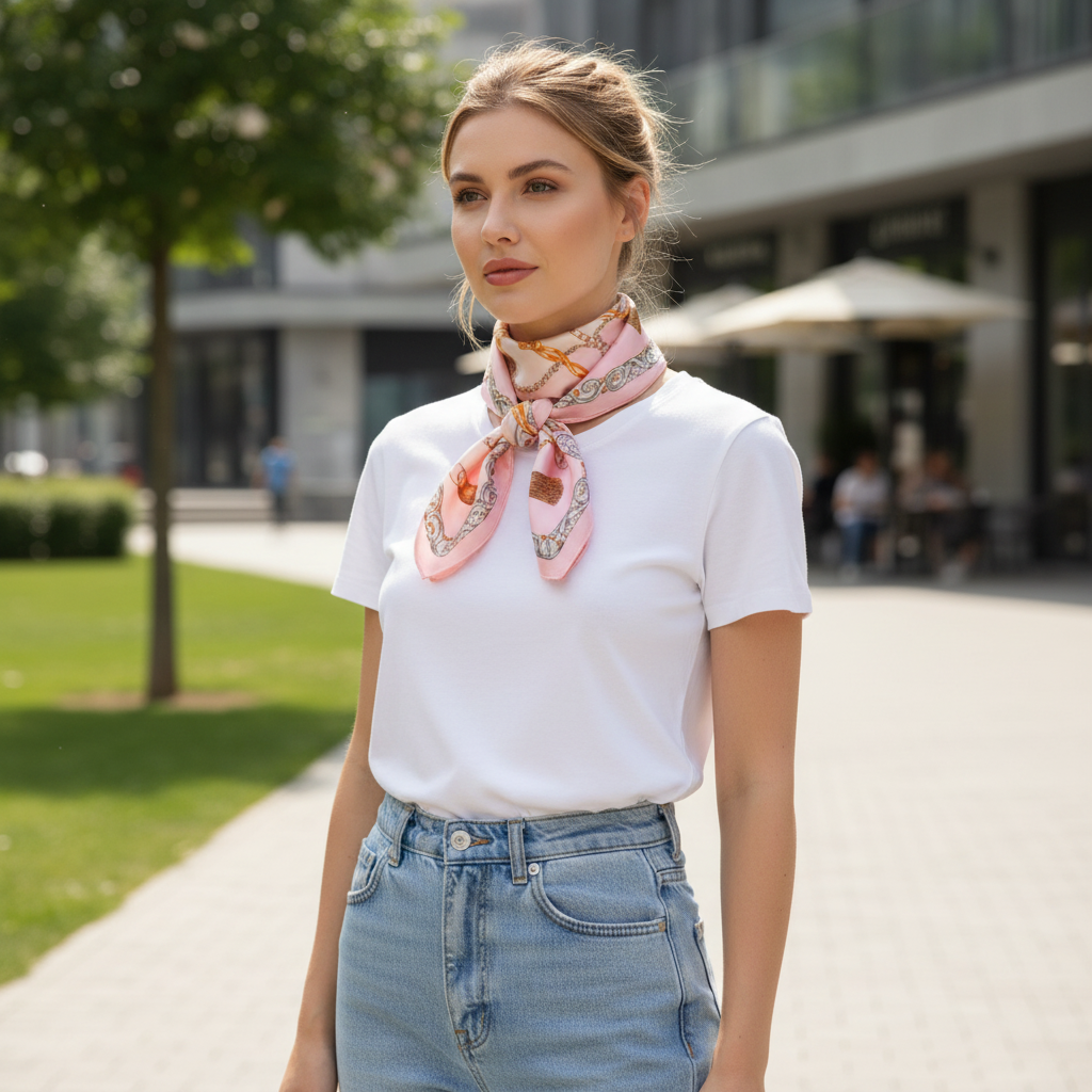 Woman wearing pink chain print satin square scarf tied around neck with blush background and equestrian chain design