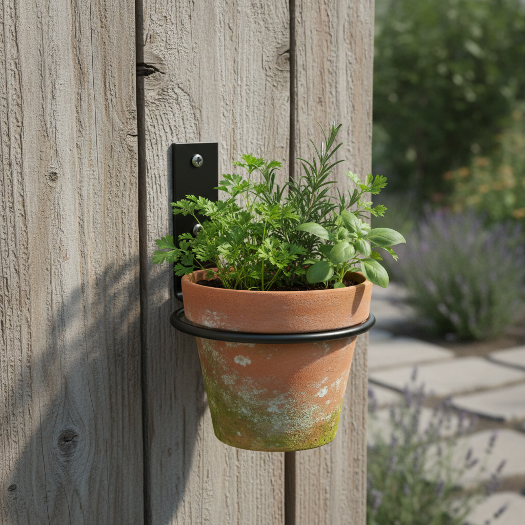 Black plant holder ring on outdoor fence with herb planter