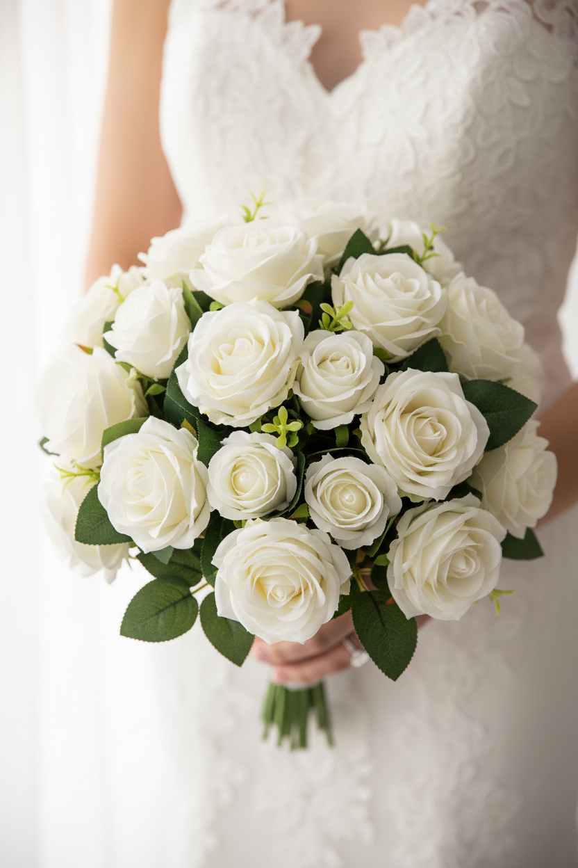 Bride holding a lush bridal bouquet of faux white rose buds with green leaves in a soft romantic wedding setting