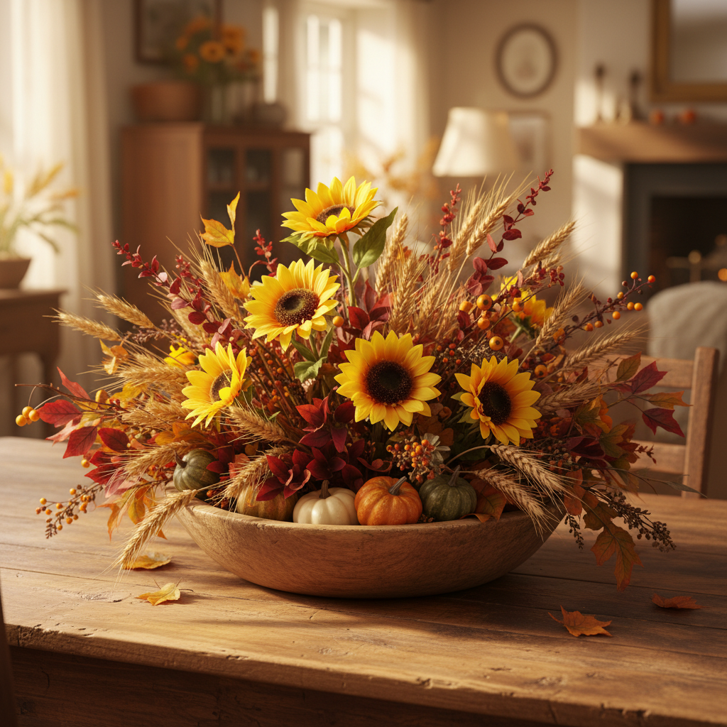 Fall centerpiece with yellow sunflowers wheat stalks in wooden bowl cottagecore styling