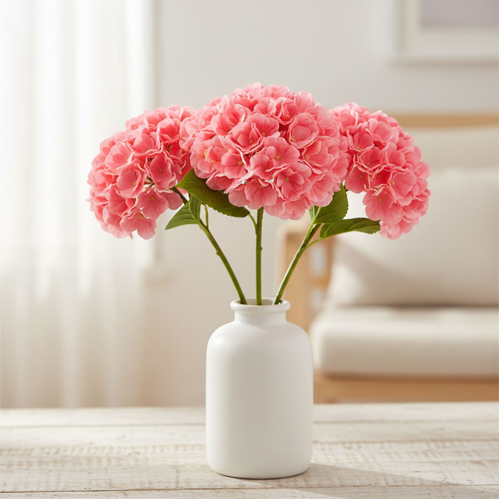 Three coral pink artificial hydrangea stems fully arranged in white ceramic vase spring summer home decor no water