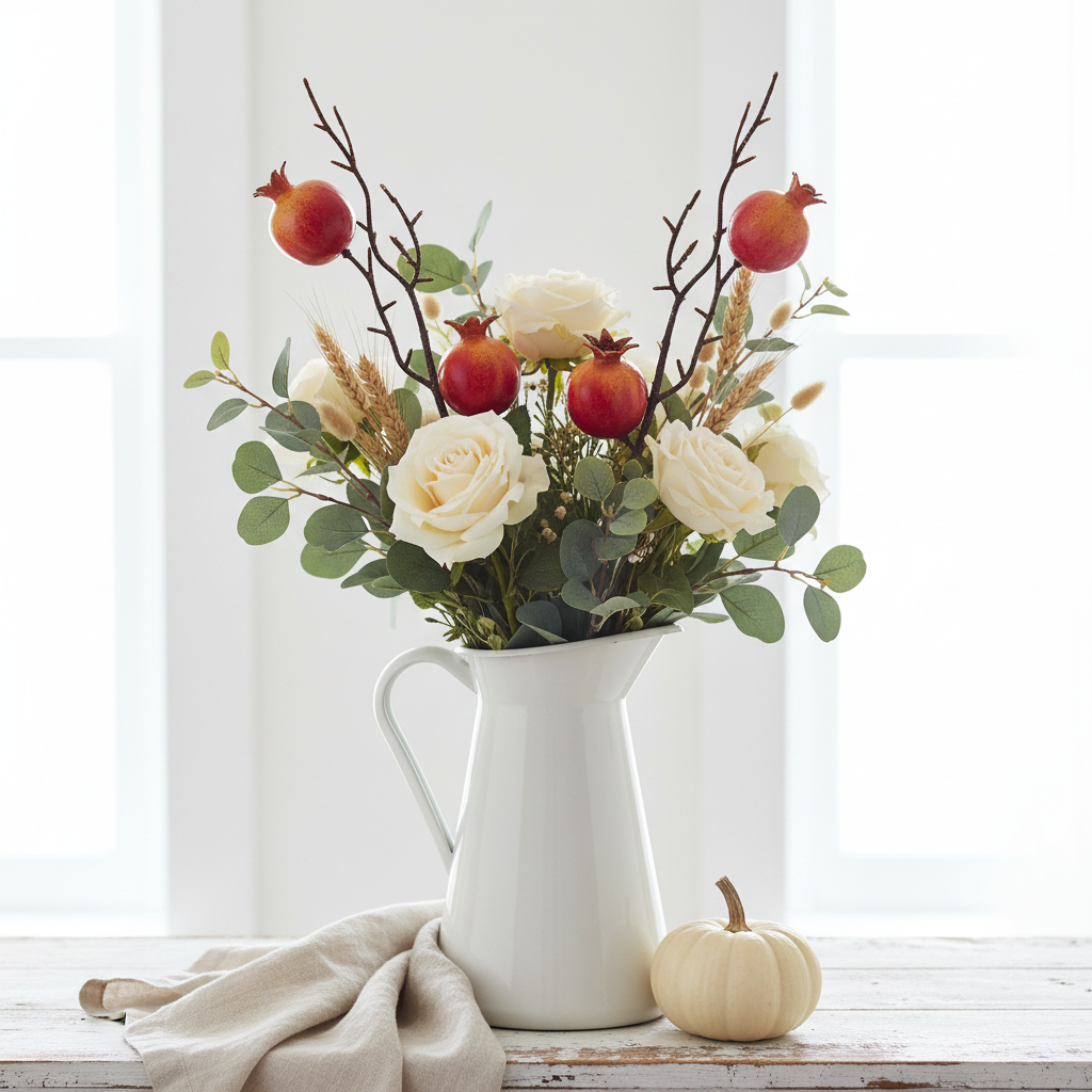 Artificial pomegranate stems styled in a white ironstone farmhouse pitcher with cream roses, dried wheat, and eucalyptus on a white painted wood surface