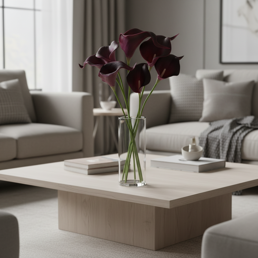 Deep purple calla lily bouquet in clear glass vase on modern minimalist coffee table in contemporary living room with natural light and neutral decor