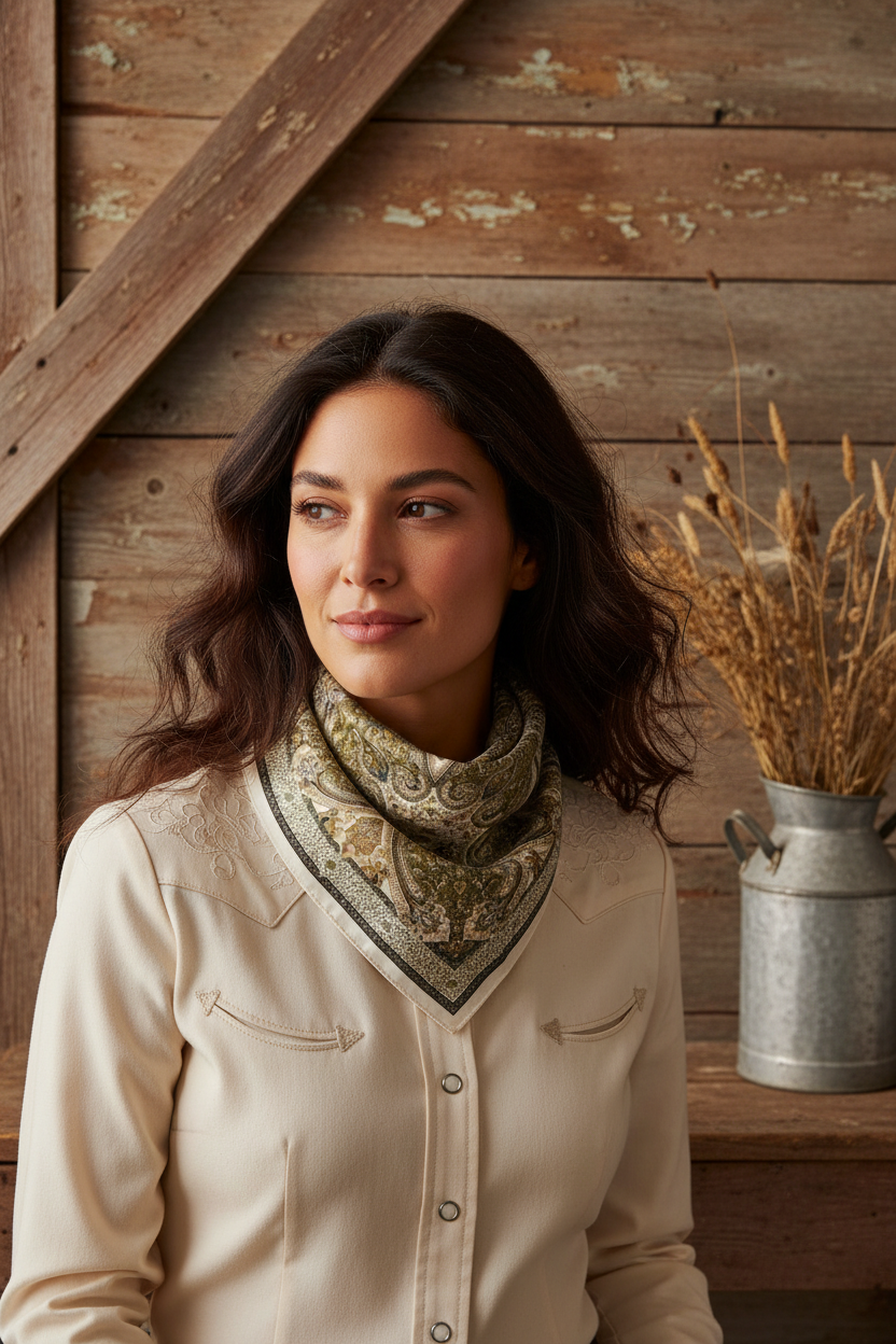Ivory olive paisley square scarf tied as western neck scarf bandana on woman in barn wood setting