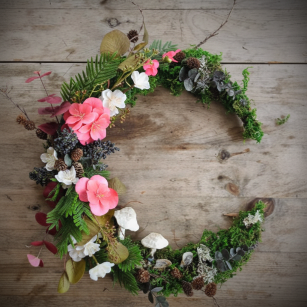 Crescent moon wreath with colorful pink white coral flowers and greenery