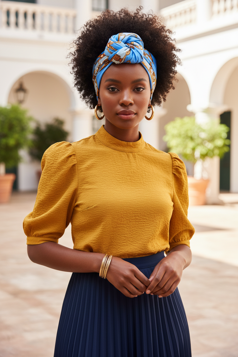 Woman with deep brown skin tone and natural curly hair wearing a blue gold chain print satin scarf tied as a vintage-inspired head wrap with a stylish knot at the front