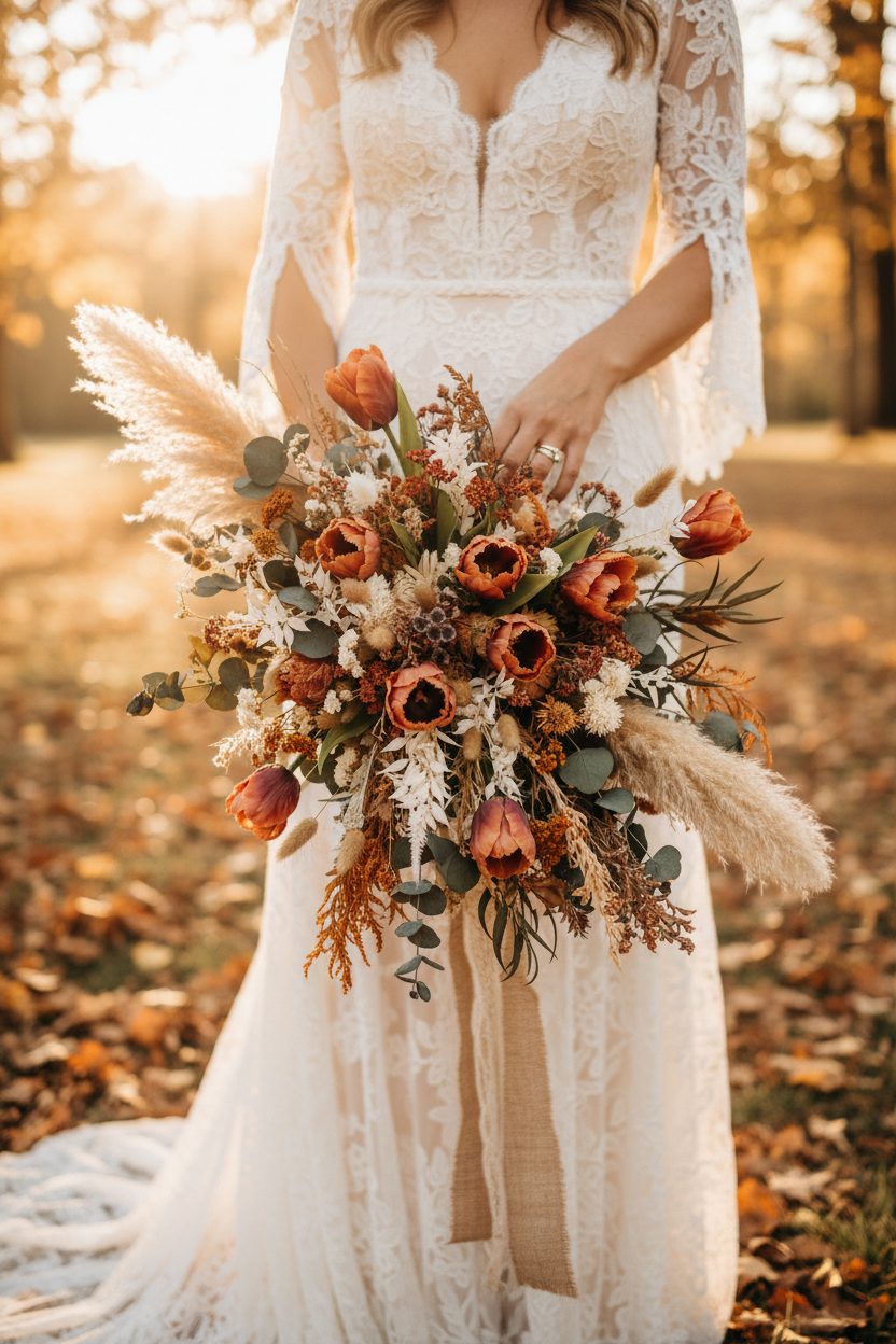 Bohemian bridal bouquet featuring terracotta fringed tulips with pampas grass and dried flowers