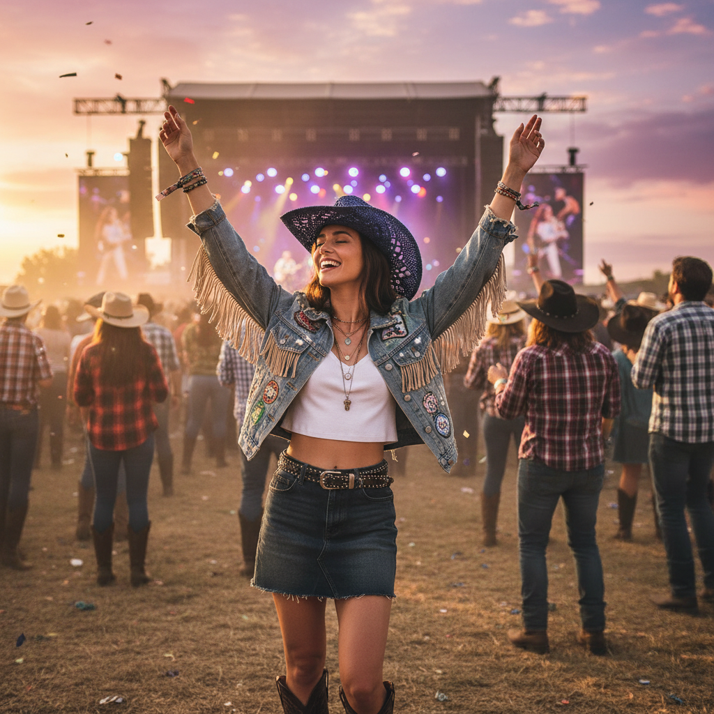 Woman wearing blue straw cowboy hat at country music festival, denim and western wear, outdoor concert atmosphere