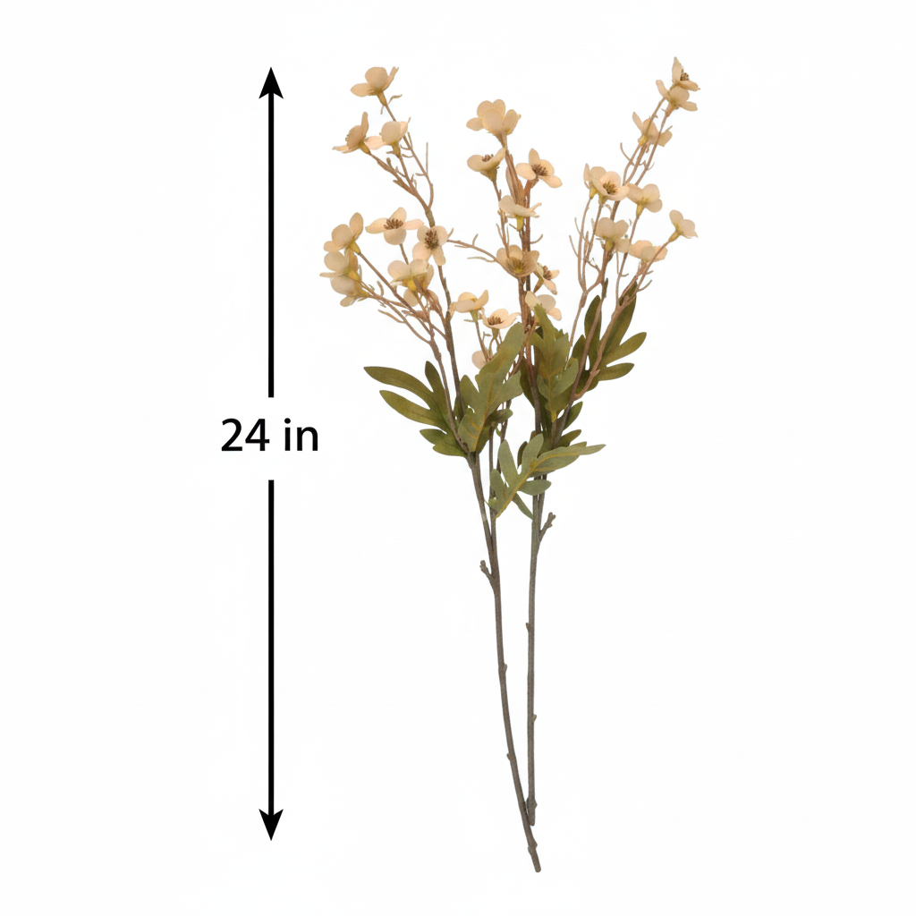 Artificial cream beige dogwood stems measurement diagram showing 24 inch height for 2 piece neutral ivory faux wax flower set