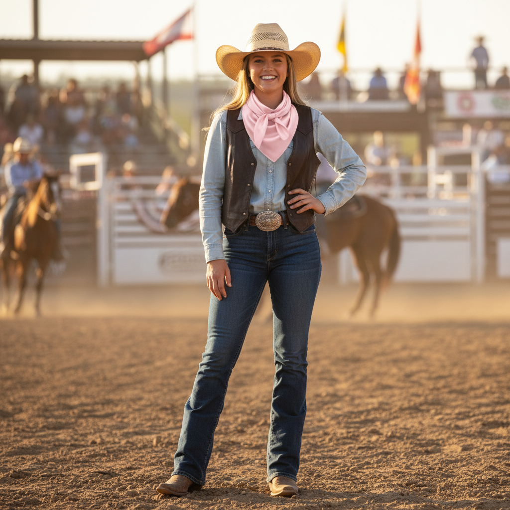 Pastel pink wild rag scarf worn in traditional cowboy style at summer rodeo with western hat and boots