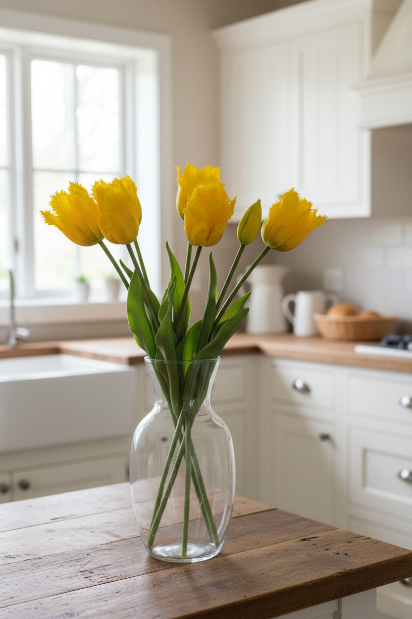 5 yellow tulip stems in clear glass vase on farmhouse kitchen counter