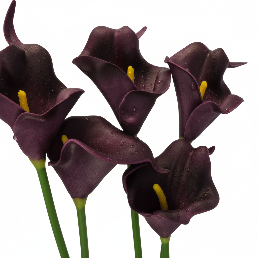 Close-up of eggplant purple faux calla lily stems showing rich deep color and elegant curved petals, dramatic lighting