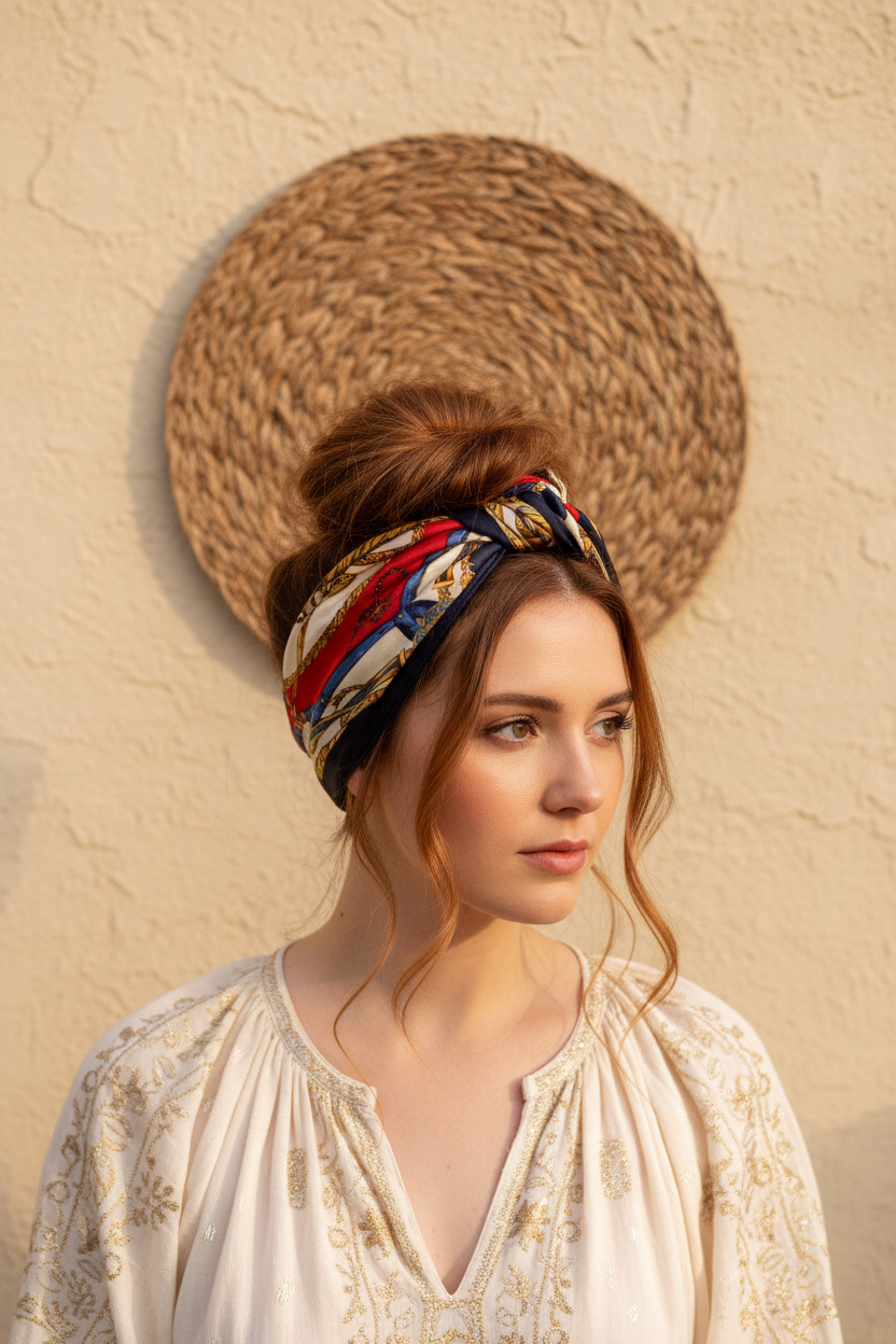 Woman with auburn hair wearing red navy gold equestrian chain satin square scarf as boho hair wrap around bun with cream plaster wall background