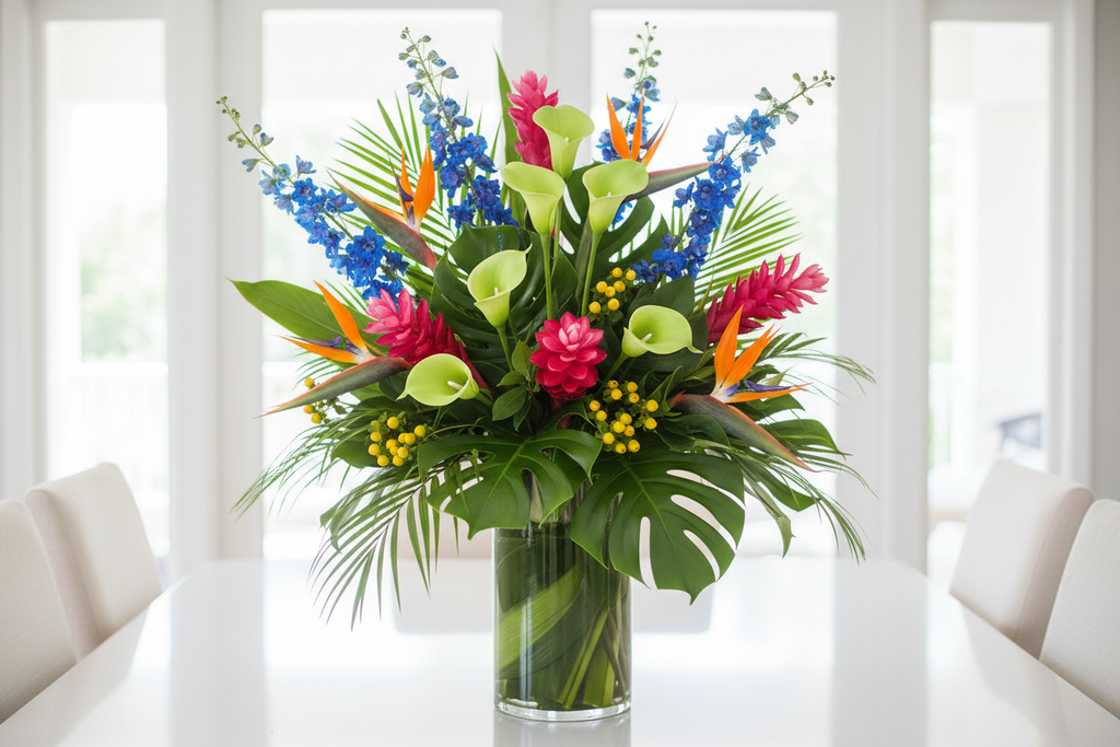 Summer tropical centerpiece featuring 5 lime green artificial calla lily stems with hot pink torch ginger, cobalt blue delphiniums, and orange bird of paradise in a glass cylinder vase with monstera and palm fronds