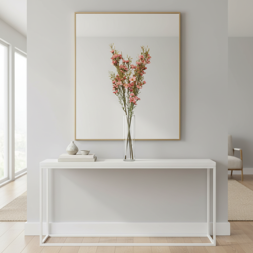 Artificial two-tone pink dogwood stems in tall clear glass vase on modern entryway console table with mirror