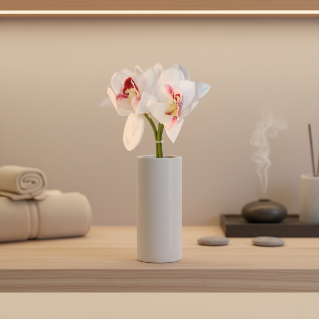 Artificial white Cymbidium orchid bouquet in a white ceramic vase on a wooden shelf in a modern spa boutique setting