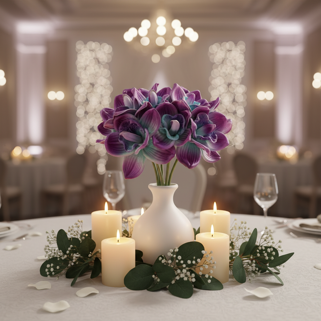 Purple and teal faux orchid stems in a low wedding centerpiece arrangement with candles and greenery on reception table