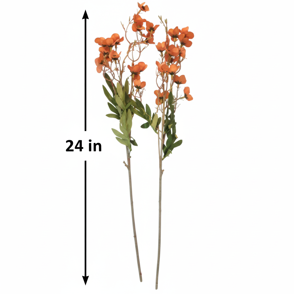 Artificial terracotta coral dogwood stems measurement diagram showing 24 inch height for 2 piece burnt orange faux wax flower set