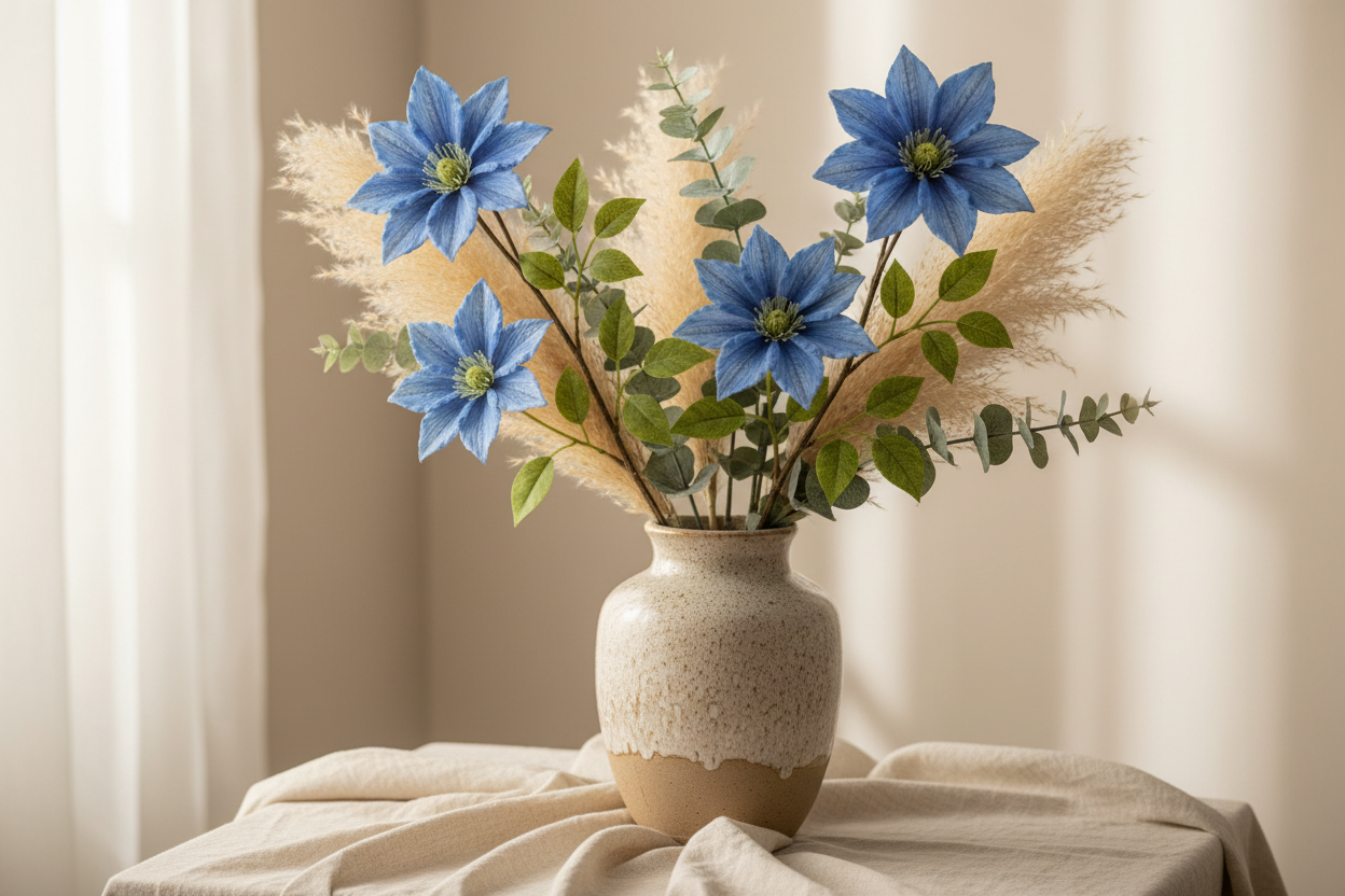 Soft blue clematis artificial flower stems in a neutral boho ceramic vase with pampas grass and eucalyptus on a linen-draped surface