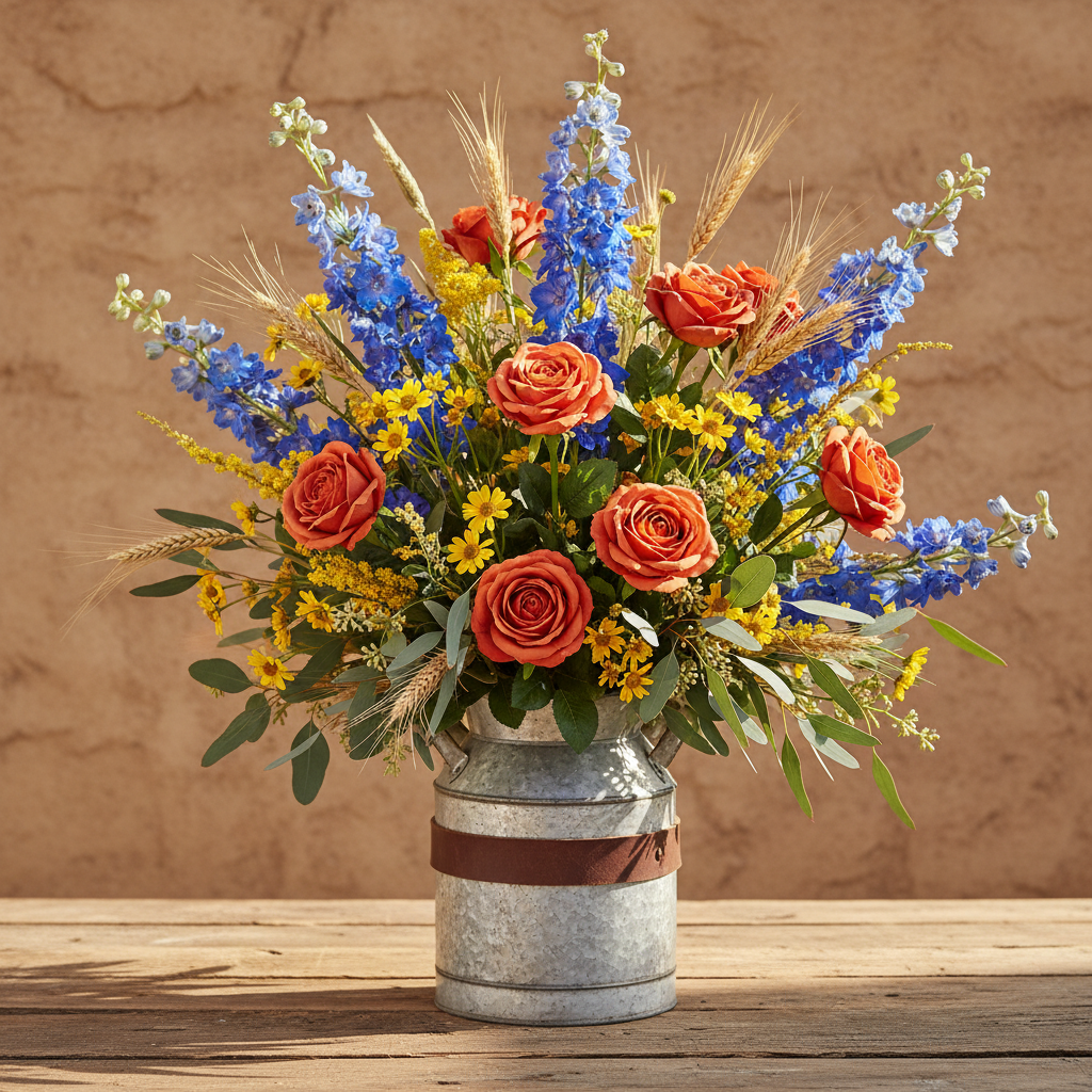 Artificial terracotta roses with blue delphinium, mustard florals, and wheat stems in a galvanized milk can with leather strap on a weathered wood table with warm sandy adobe wall background