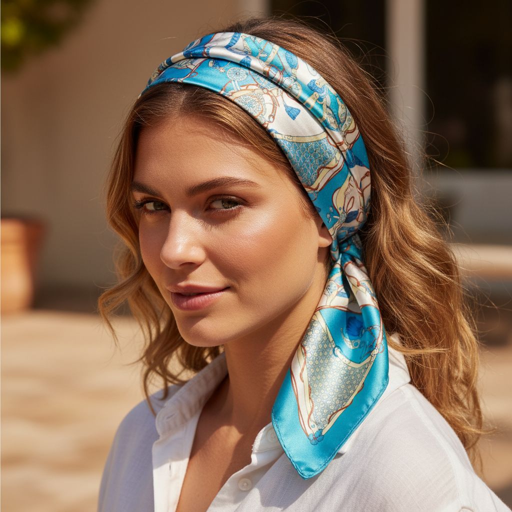 Turquoise Equestrian Satin Scarf Styled as Headband 20x20 Patchwork Pattern Hair Accessory