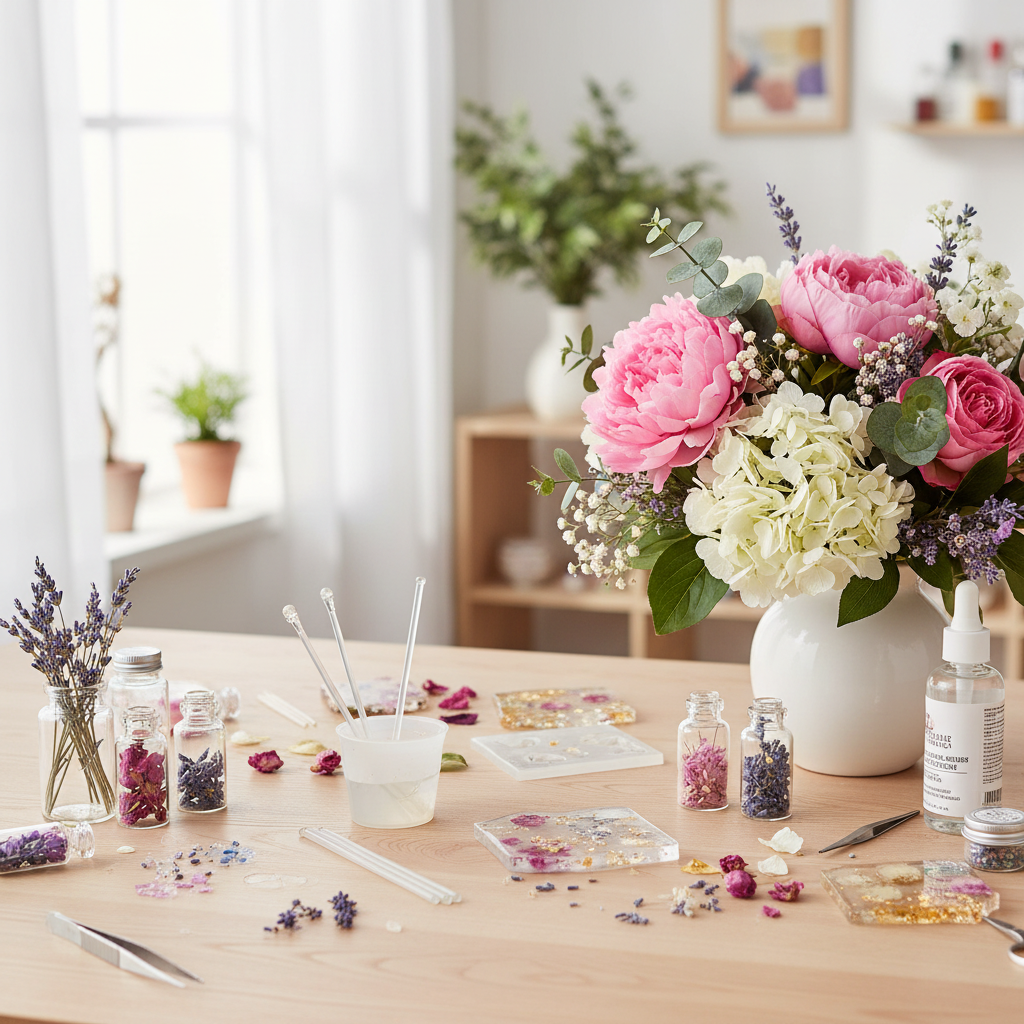 Clear glass stir sticks used in DIY craft project with floral arrangement, creative crafting application