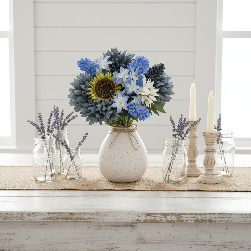 Artificial Blue Mum White Sunflower Bouquet Country Farmhouse Dining Table Decor Faux Silk Flowers