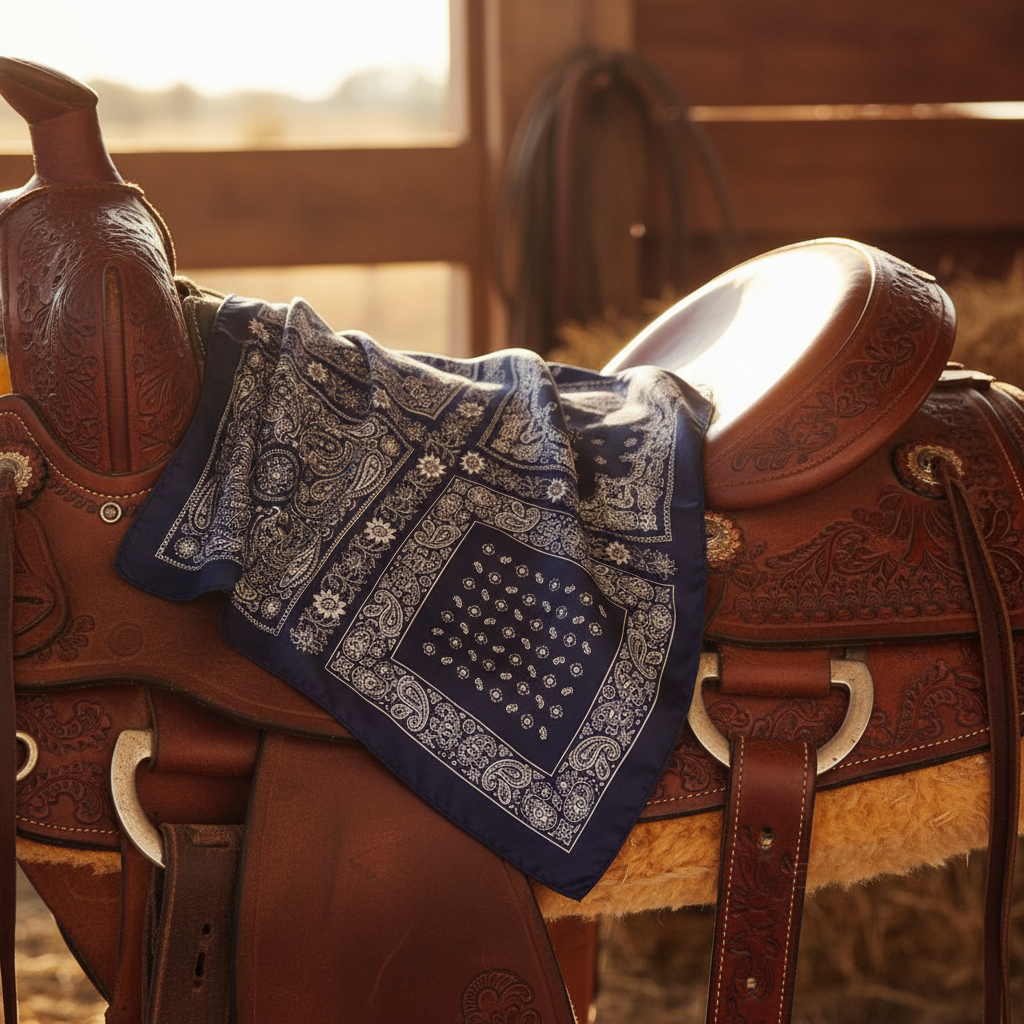 Navy blue and white paisley square scarf draped open over a brown leather western saddle in rustic barn setting showing full four-quadrant pattern