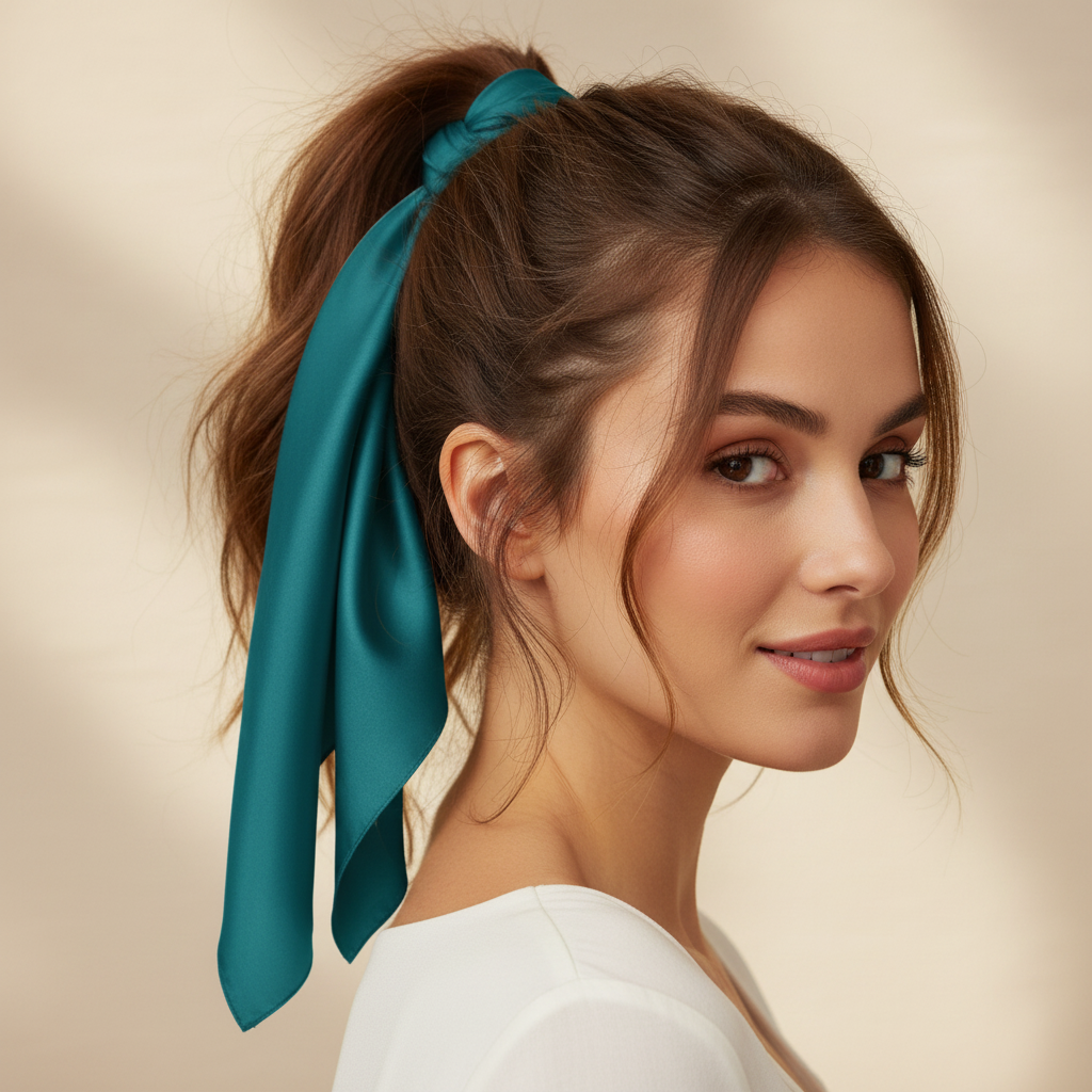 Woman with teal satin wild rag scarf tied around a ponytail as a chic hair wrap accessory