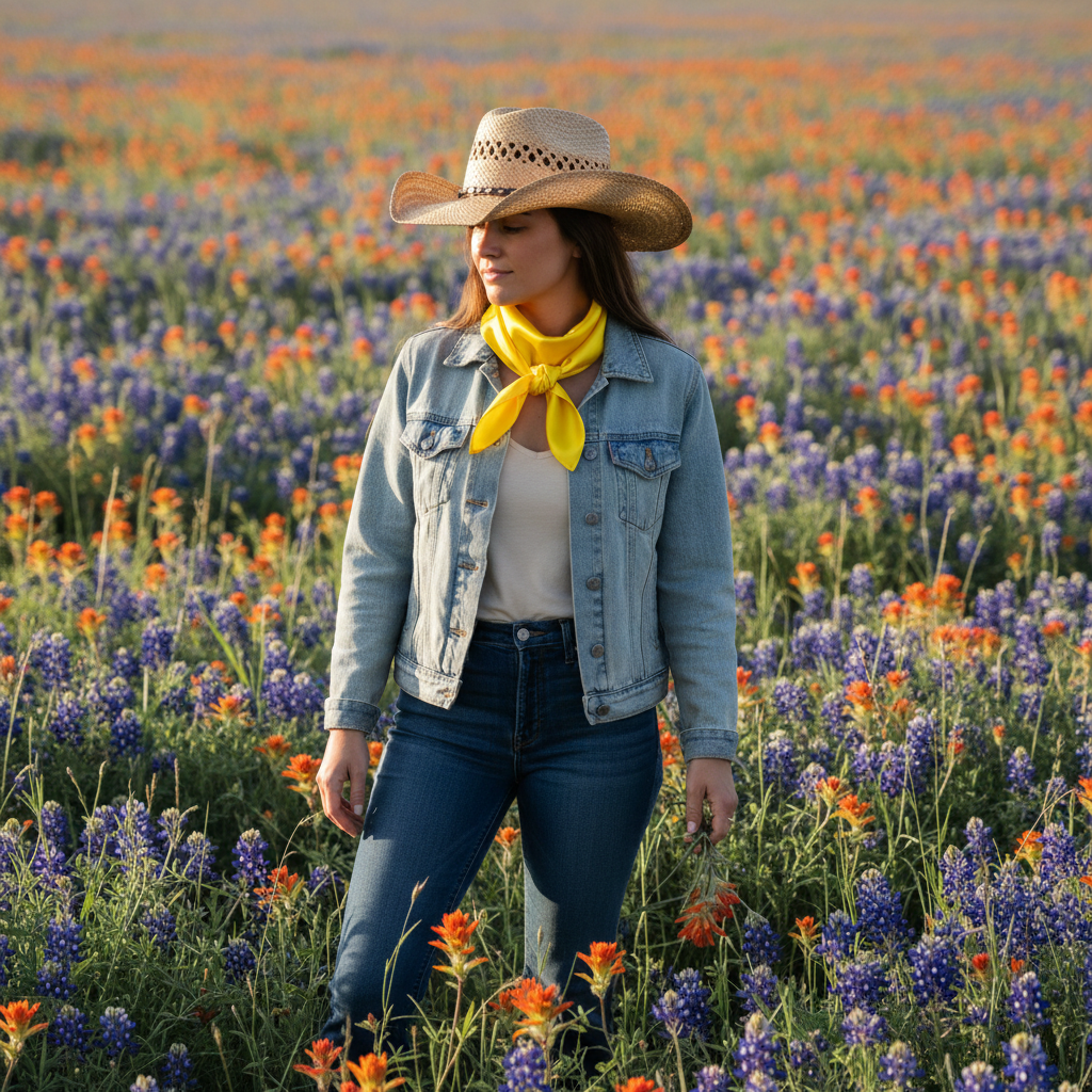 Woman wearing yellow wild rag scarf in spring wildflower field with bluebonnets, straw cowboy hat, western boho style