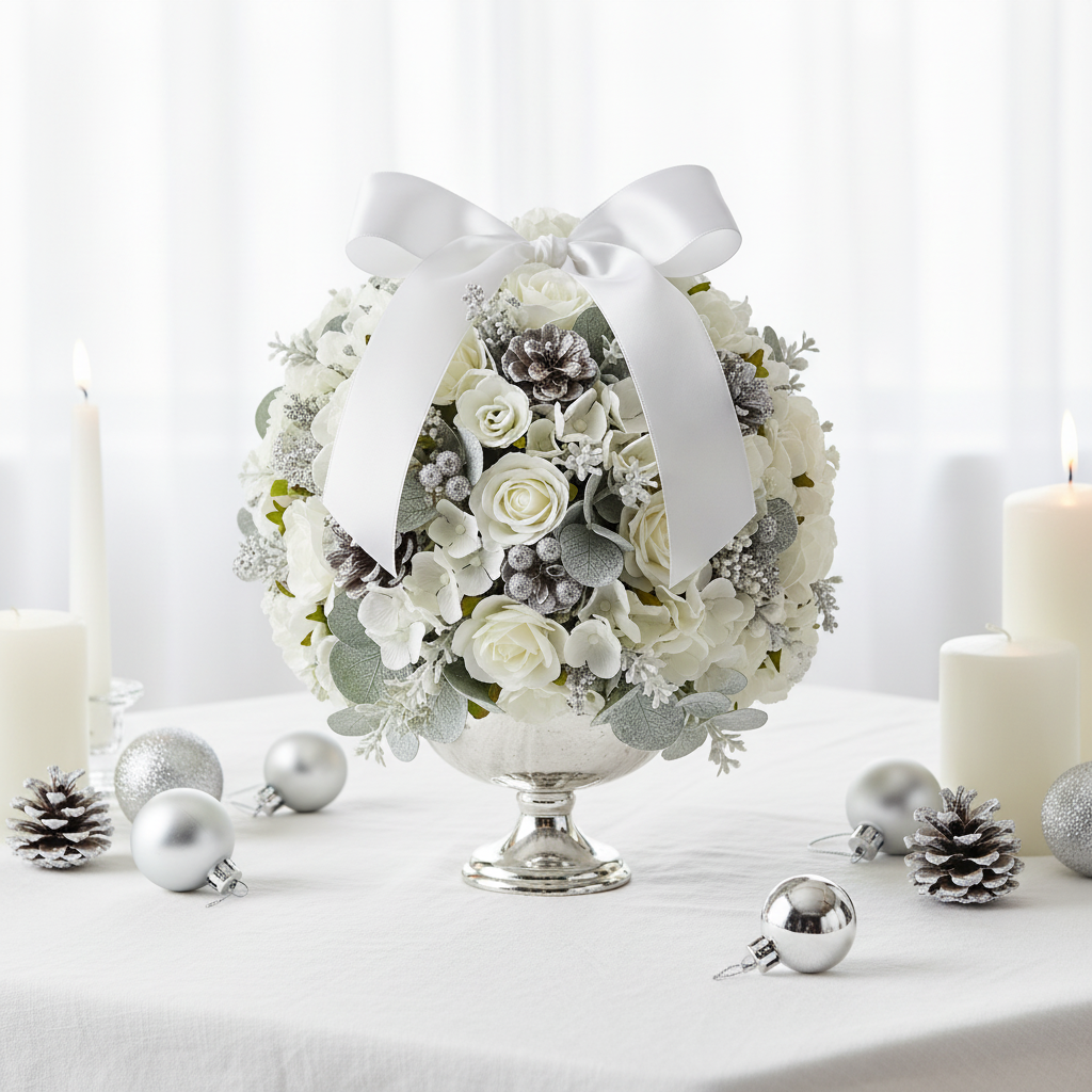 Elegant white Christmas kissing ball covered in white flowers and frosted eucalyptus displayed as a holiday centerpiece on a white linen table