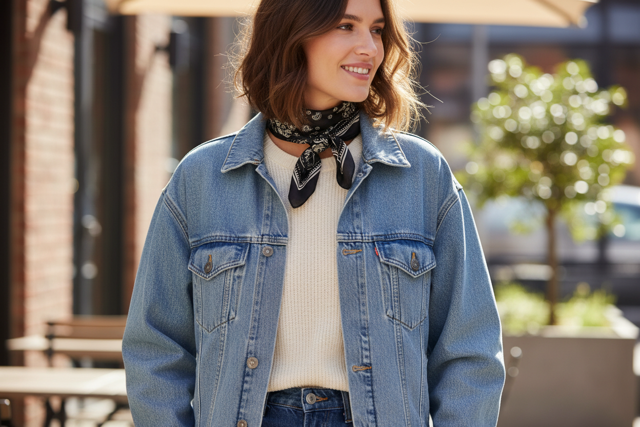 Woman wearing black paisley scarf tied around neck as elegant neckerchief accessory with white floral print