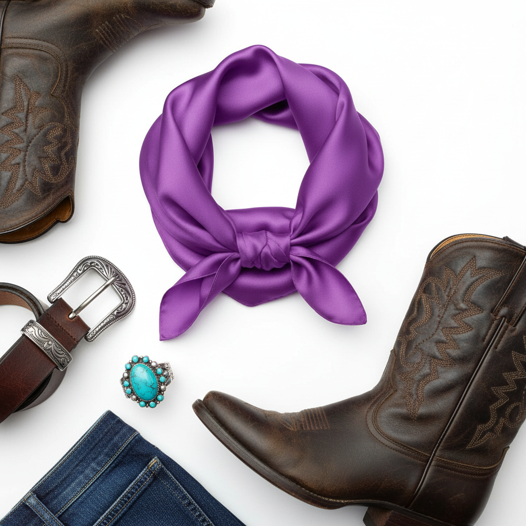 Flat lay of purple wild rag scarf with western accessories - cowboy boots, belt, turquoise jewelry, denim